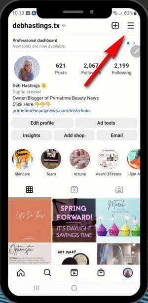 Go to Menu from Your Instagram Profile
