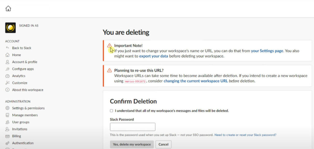 Confirm Slack Workspace Deletion
